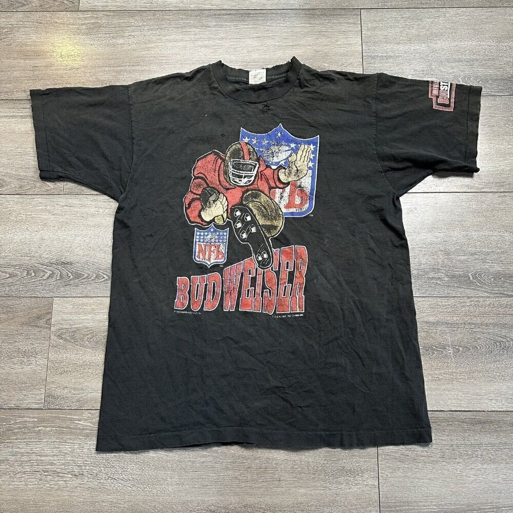 Vintage 90s Budweiser NFL Distressed T  Shirt Size XL Black  C.G.W 1993